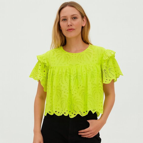 FARM Rio Cotton Eyelet Lime Green Palm Tree Richelieu Blouse Size S - Picture 1 of 12
